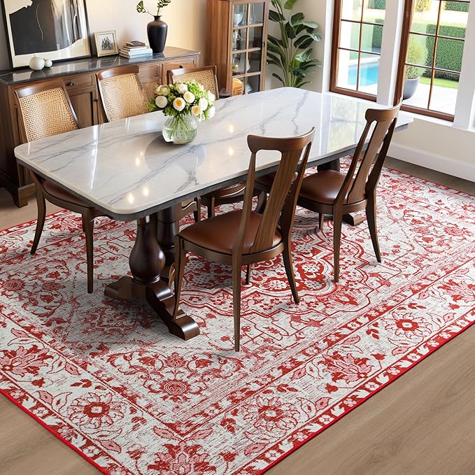 YJ.GWL Area Rug for Living Room, 4x6 Machine Washable Boho Rug for Bedroom, Low Pile Lightweight Thin Rugs Floral Vintage Distress Print Pattern Carpet for Dining Room, Red/White