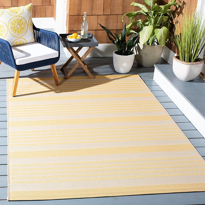 SAFAVIEH Courtyard Collection 9' x 12' Gold/Beige CY6062 Stripe Indoor/-Outdoor Waterproof Easy-Cleaning Patio Backyard Mudroom Area-Rug