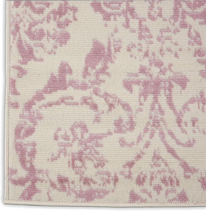 Nourison Jubilant Damask Ivory/Pink 2'3'' x 7'3'' Area-Rug, Easy-Cleaning, Non Shedding, Bed Room, Living Room, Dining Room, Kitchen (2x7)