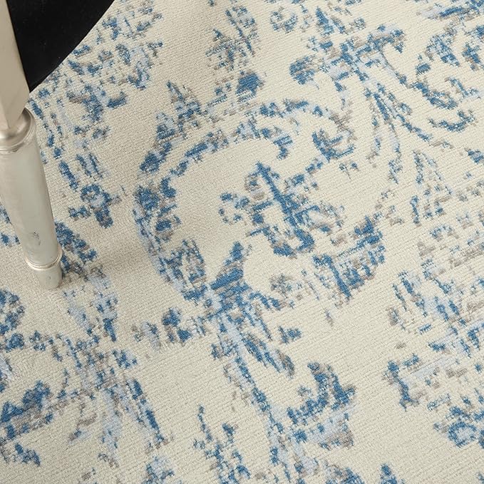 Nourison Jubilant Damask Ivory/Blue 5'3" x 7'3" Area -rug, Easy -cleaning, Non Shedding, Bed Room, Living Room, Dining Room, Kitchen (5x7)