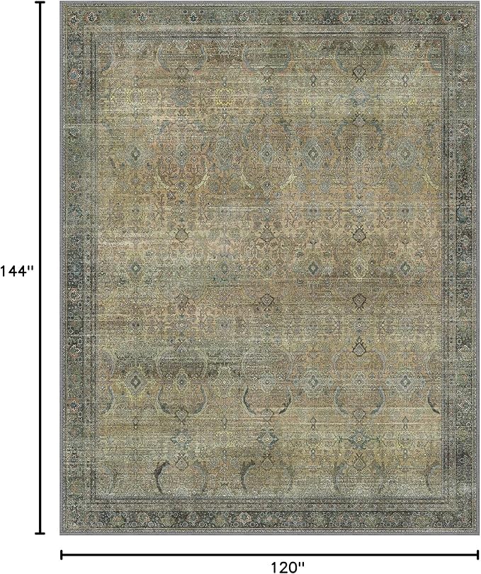 10X12 Area Rugs Machine Washable Rugs for Living Room, Vintage Boho Large Rugs for Bedroom Dining Room, Non Slip Indoor Soft Distressed Lightweight Thin Low Pile Carpet, Vintage Sunset