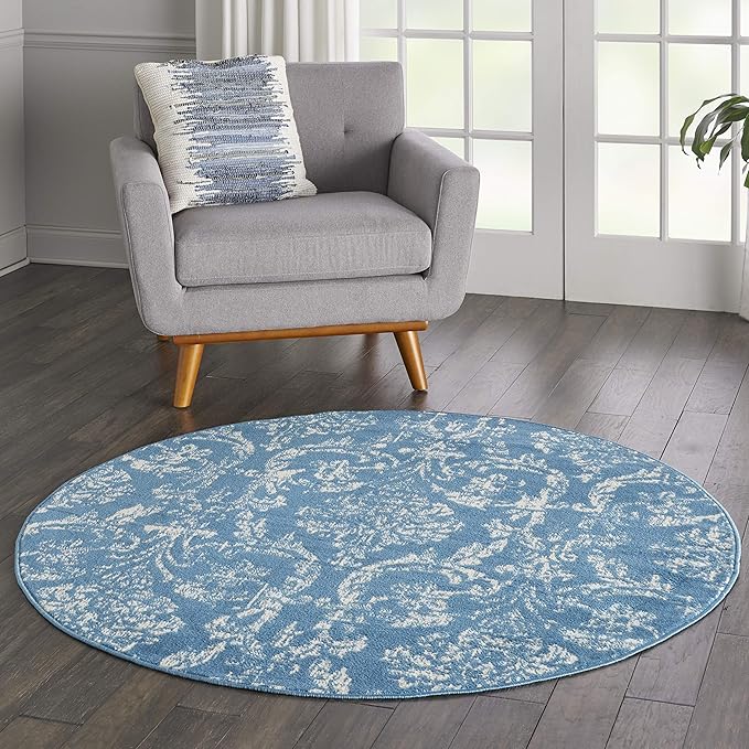Nourison Jubilant Damask Blue 5'3" x Round Area -Rug, Easy -Cleaning, Non Shedding, Bed Room, Living Room, Dining Room, Kitchen (5 Round)