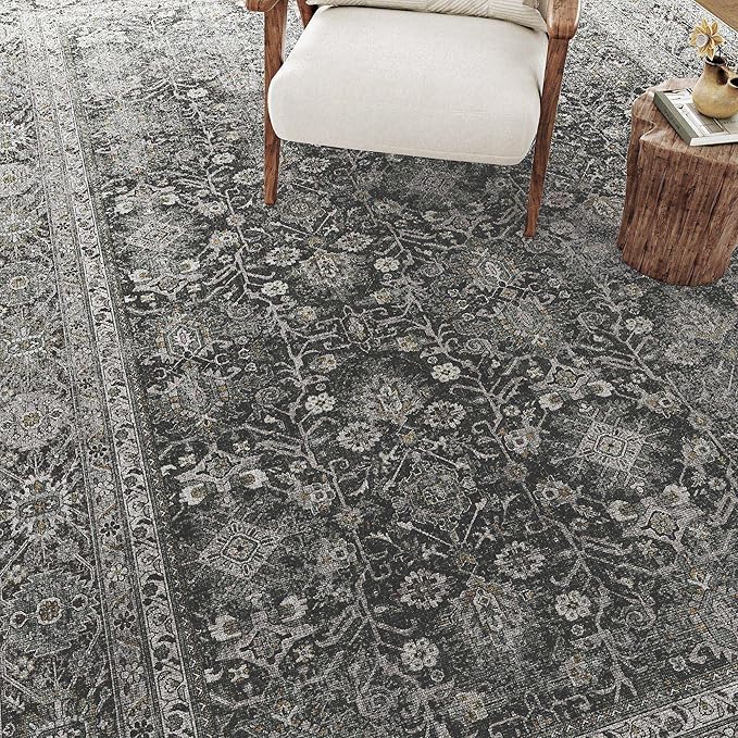 Vintage Area Rug 3x5 Black Entryway Office Washable Carpet Non Slip Bedroom Indoor Living Room Door Mat Low Pile Traditional Distressed Retro Accent Rug for Dining Room Bathroom Kitchen