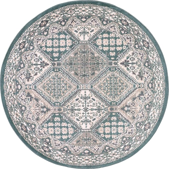 nuLOOM 8' Round Becca Traditional Tiled Area Rug, Becca Blue, Faded Transitional Design, Stain Resistant, for Bedroom, Dining Room, Living Room, Hallway, Office, Kitchen, Entryway