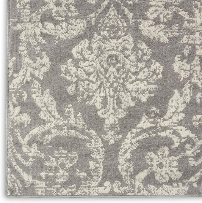 Nourison Jubilant Damask Grey 7' x 10' Area Rug, Easy Clean, Non Shedding, Bed Room, Living Room, Dining Room, Kitchen (7x10)