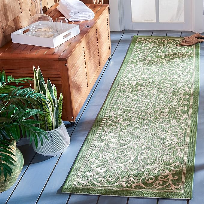 SAFAVIEH Courtyard Collection Runner Rug - 2'3" x 10', Olive & Natural, Scroll Design, Non-Shedding & Easy Care, Indoor/Outdoor & Washable-Ideal for Patio, Backyard, Mudroom (CY2098-1E06)