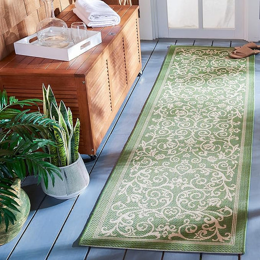 SAFAVIEH Courtyard Collection Runner Rug - 2'3" x 14', Olive & Natural, Scroll Design, Non-Shedding & Easy Care, Indoor/Outdoor & Washable-Ideal for Patio, Backyard, Mudroom (CY2098-1E06)