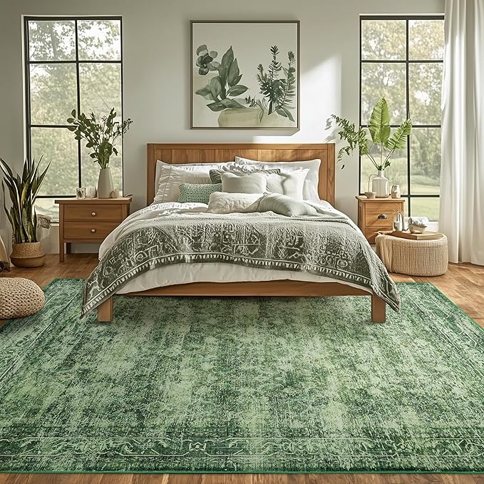 8x10 ft Washable Area Rug, Non-Slip Soft Boho Green Rug for Indoor & Outdoor Use, Living Room, Bedroom, Dining Room, Patio, Farmhouse, Kids-Friendly, Soft & Comfortable