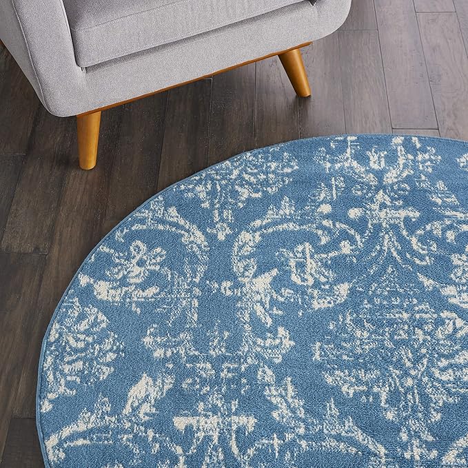 Nourison Jubilant Damask Blue 5'3" x Round Area -Rug, Easy -Cleaning, Non Shedding, Bed Room, Living Room, Dining Room, Kitchen (5 Round)