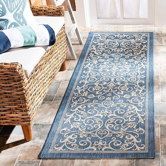 SAFAVIEH Courtyard Collection Runner Rug - 2'3" x 14', Blue & Natural, Scroll Design, Non-Shedding & Easy Care, Indoor/Outdoor & Washable-Ideal for Patio, Backyard, Mudroom (CY2098-3103)