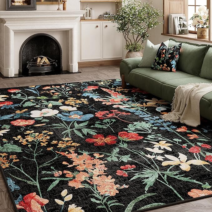 Black Area Rug 6x9 Floral Washable Living Room Kitchen Boho Carpet Non Slip Low Pile Indoor Accent Lightweight Soft Throw Rug for Bedroom Office Dining Room Nursery Farmhouse