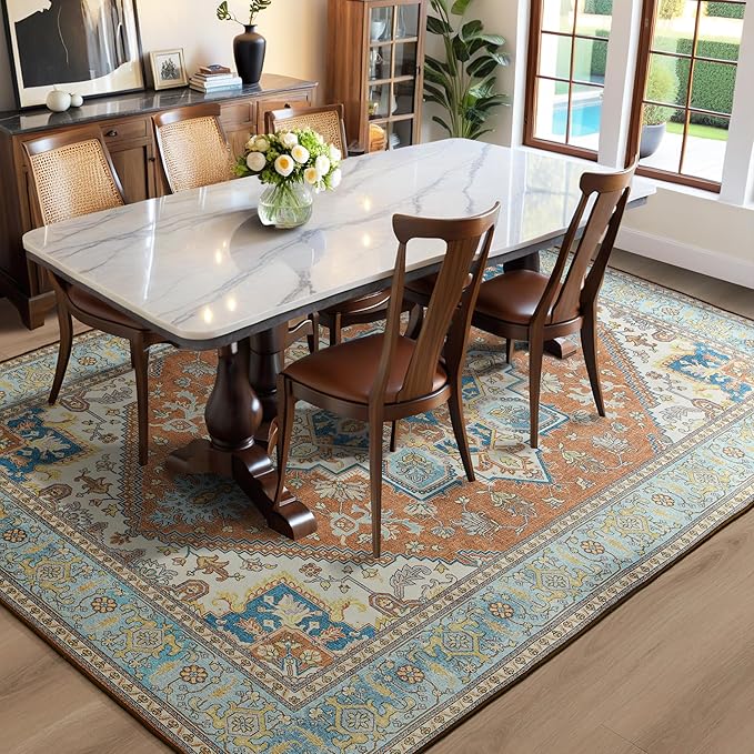 YJ.GWL Large Area Rug for Living Room, 5x7 Machine Washable Boho Rug for Bedroom, Low Pile Lightweight Thin Rugs Floral Vintage Distress Print Pattern Carpet for Dining Room, Brick/Multi