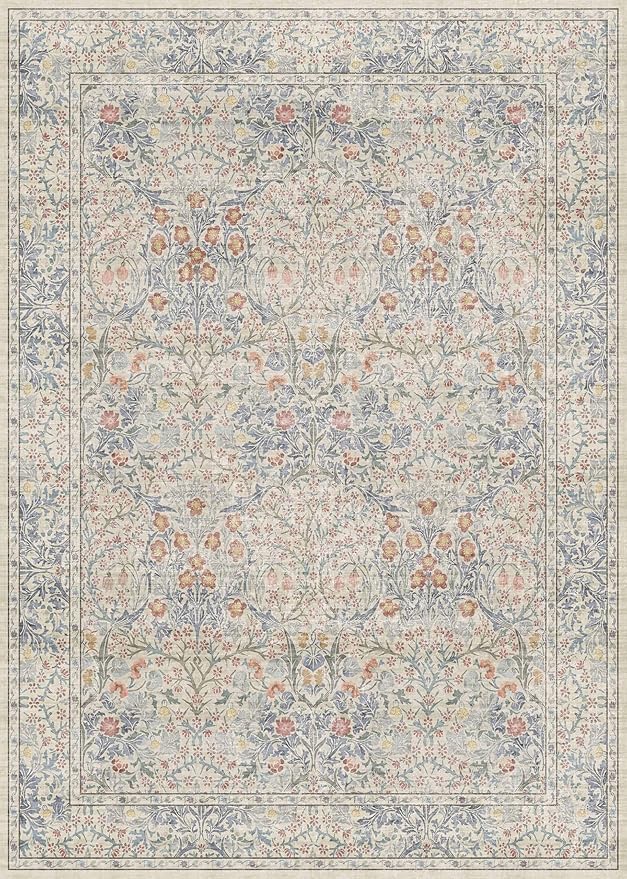 Beige Blue Bedroom Rug 5x7 Area Rug for Living Room Vintage Washable Floral Mat for Dining Room Low Pile Non Slip Stain Resistance Distressed Retro Indoor (5x7 Beige Blue)