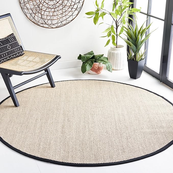 Safavieh Natural Fiber Collection Area Rug - 8' Round, Marble & Black, Border Sisal Design, Easy Care, Ideal for High Traffic Areas in Living Room, Bedroom (NF143A)