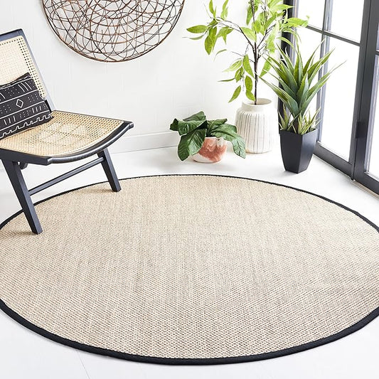 Safavieh Natural Fiber Collection Area Rug - 8' Round, Marble & Black, Border Sisal Design, Easy Care, Ideal for High Traffic Areas in Living Room, Bedroom (NF143A)