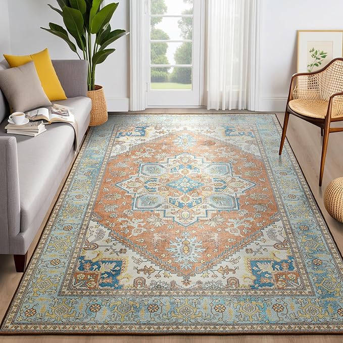 YJ.GWL Large Area Rug for Living Room, 5x7 Machine Washable Boho Rug for Bedroom, Low Pile Lightweight Thin Rugs Floral Vintage Distress Print Pattern Carpet for Dining Room, Brick/Multi