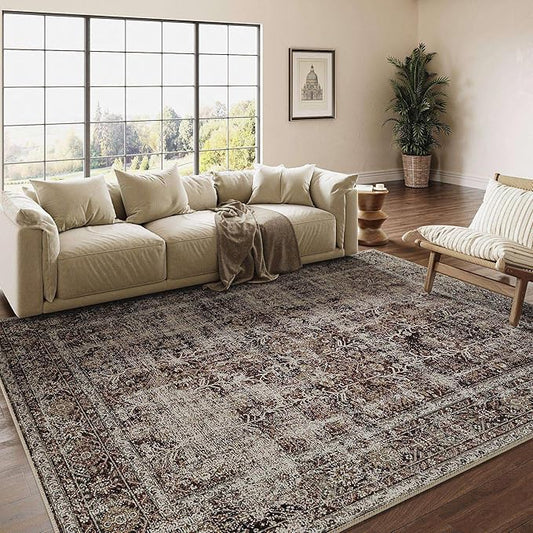 Vintage Area Rug 9x12 Rust Red Washable Living Room Large Carpet Non Slip Bedroom Indoor Office Low Pile Traditional Distressed Retro Accent Rug for Dining Room