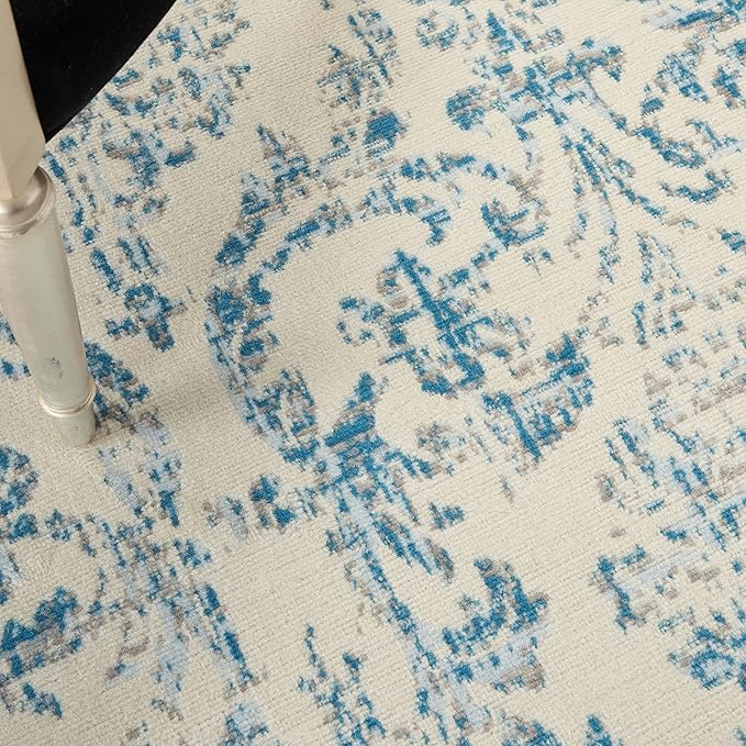 Nourison Jubilant Damask Ivory/Blue 6' x 9' Area -Rug, Easy -Cleaning, Non Shedding, Bed Room, Living Room, Dining Room, Kitchen (6x9)