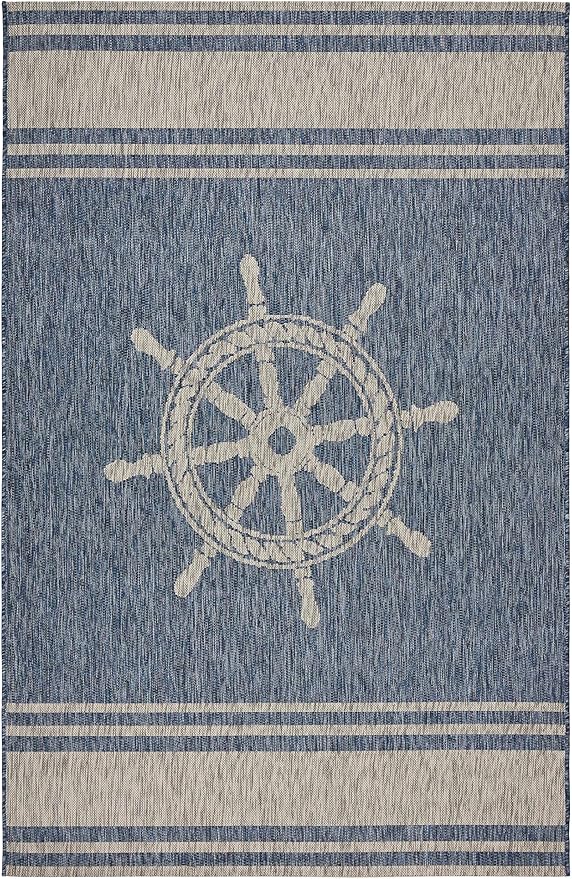 LR Home 5 x 7 Indoor/Outdoor Area Rug for Home Decor | Nautical Anchor carpet for living room, bedroom, playroom, patio, garden | Modern farmhouse rug | Denim Blue/Gray