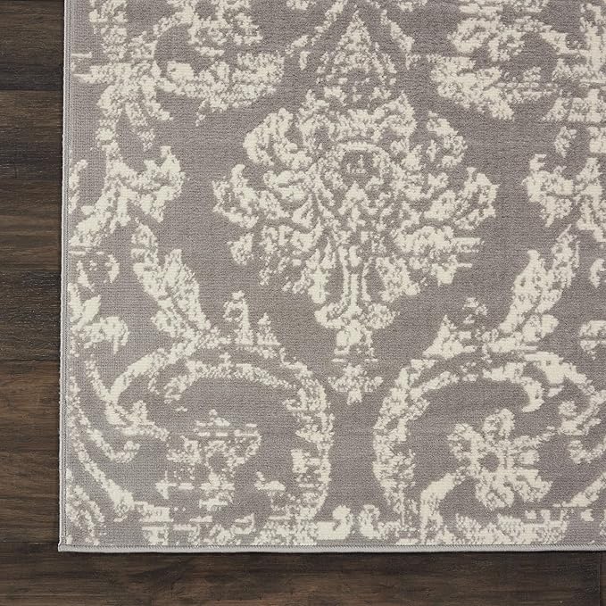 Nourison Jubilant Damask Grey 7' x 10' Area Rug, Easy Clean, Non Shedding, Bed Room, Living Room, Dining Room, Kitchen (7x10)