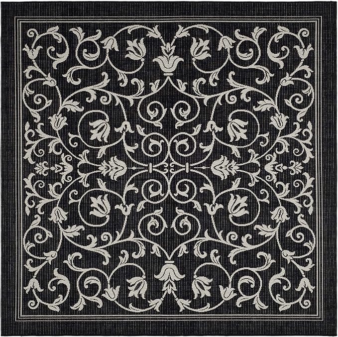 SAFAVIEH Courtyard Collection 5'3" Square Black / Sand CY2098 Scroll Indoor-Outdoor Waterproof Easy-Cleaning Patio Backyard Mudroom Area-Rug