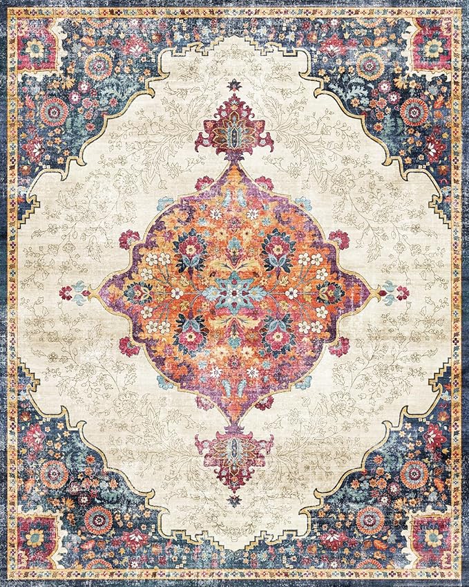 Dripex 8x10 Area Rugs, Machine Washable Non Slip Distressed Boho Rugs,Large Area Rug for Bedroom Aesthetic, No Pile Lightweight Vintage Rug, Carpet for Living Room Dining Room Apartment Den,Multi