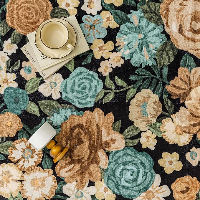 Washable Floral Runner Rug 2x5 Black Hallway Carpet Scalloped Flower Non Slip Soft Long Kitchen Runner Farmhouse Low Pile Thin Indoor Floor Cover for Bathroom Bedroom Laundry Room Entryway
