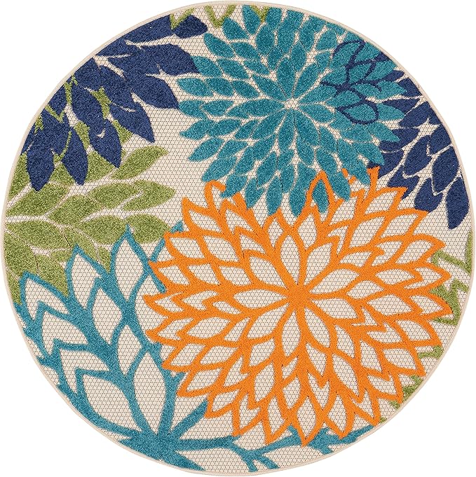 Nourison Aloha Indoor/Outdoor Multicolor 4' x Round Area Rug, Tropical, Botanical, Easy Cleaning, Non Shedding, Bed Room, Living Room, Dining Room, Deck, Backyard, Patio (4 Round)