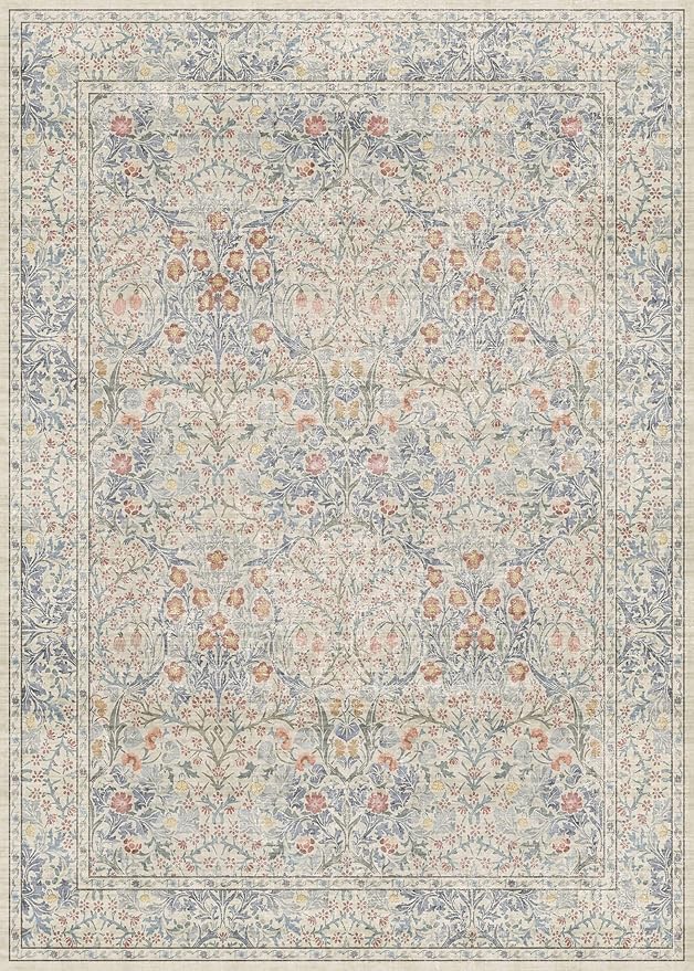 Vintage Washable Beige Blue 10x14 Rug for Living Room - Extra Large Area Rug for Dining Room Under Table, Soft Low Pile Carpet for Bedroom - Vintage Floral Design Non-Slip (10x14 Beige Blue)