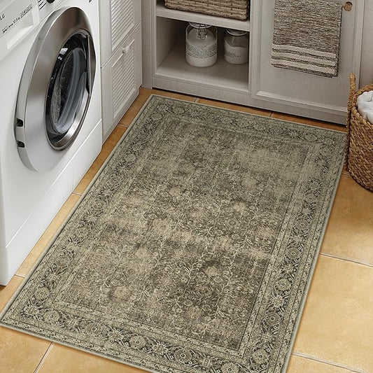 Vintage Area Rug 3x5 Light Brown Bedroom Indoor Kitchen Washable Living Room Carpet Tribal Distressed Retro Accent Throw Rug for Office Dining Room Bathroom Faux Wool