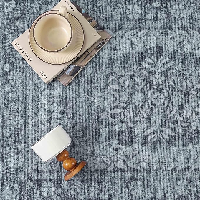 2x3 Area Rug Gray Washable Entryway Door Mat Indoor Vintage Medallion Floral Carpet Kitchen Bathroom Distressed Entrance Retro Small Non Slip Accent Throw Bedroom Office Dining Living Room