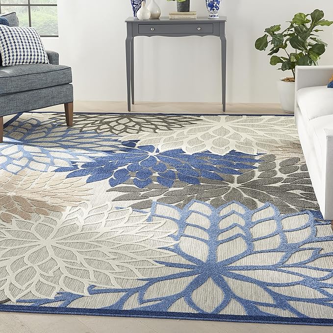 Nourison Aloha Indoor/Outdoor Blue/Multicolor 9' x 12' Area Rug, Tropical, Botanical, Easy Cleaning, Non Shedding, Bed Room, Living Room, Dining Room, Deck, Backyard, Patio (9x12)