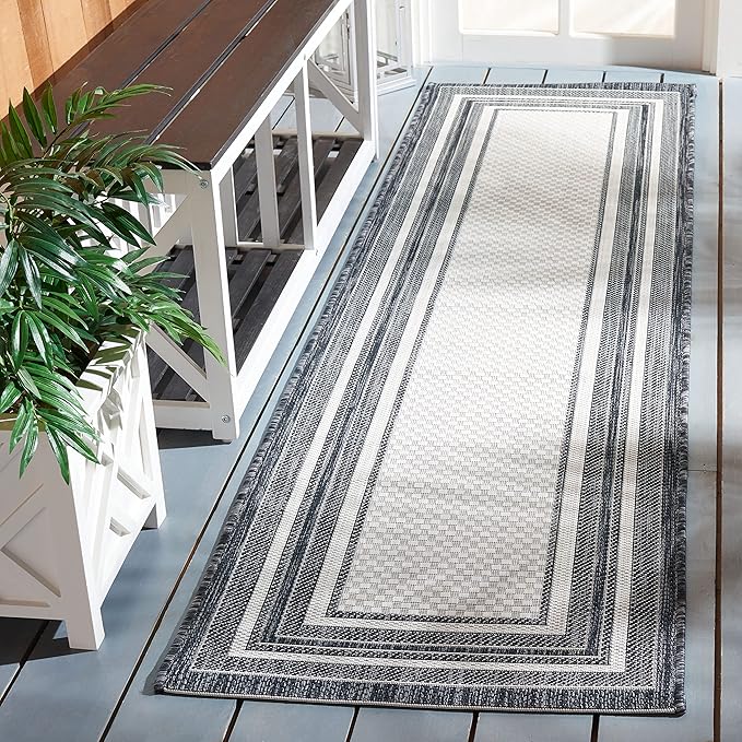 SAFAVIEH Courtyard Collection Runner Rug - 2'3" x 16', Ivory & Black, Geometric Pattern, Indoor/Outdoor & Washable, Ideal for Patio, Backyard, Mudroom (CY8475-53712-216)