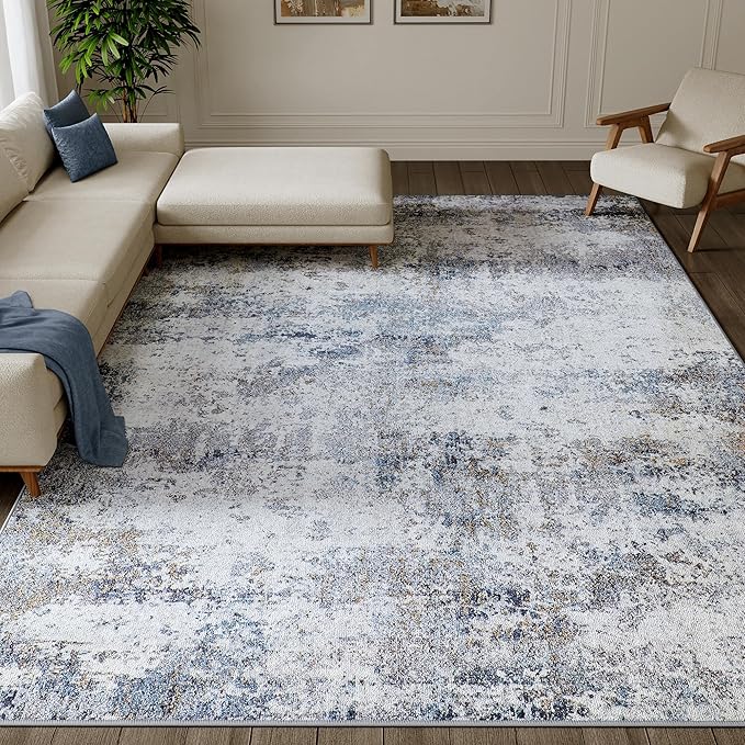 10x14 Washable Rugs Grey Blue Hallway Large Area Rug Indoor Accent Rug Abstract Non Slip Low Pile Carpet Distressed Throw Rug for Bedroom Living Room Office Dining Room Kitchen Laundry Room