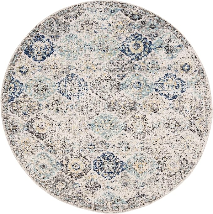 SAFAVIEH Madison Collection 9' Round Ivory / Aqua MAD611A Boho Chic Floral Medallion Trellis Distressed Non-Shedding Dining Room Entryway Foyer Living Room Bedroom Area Rug