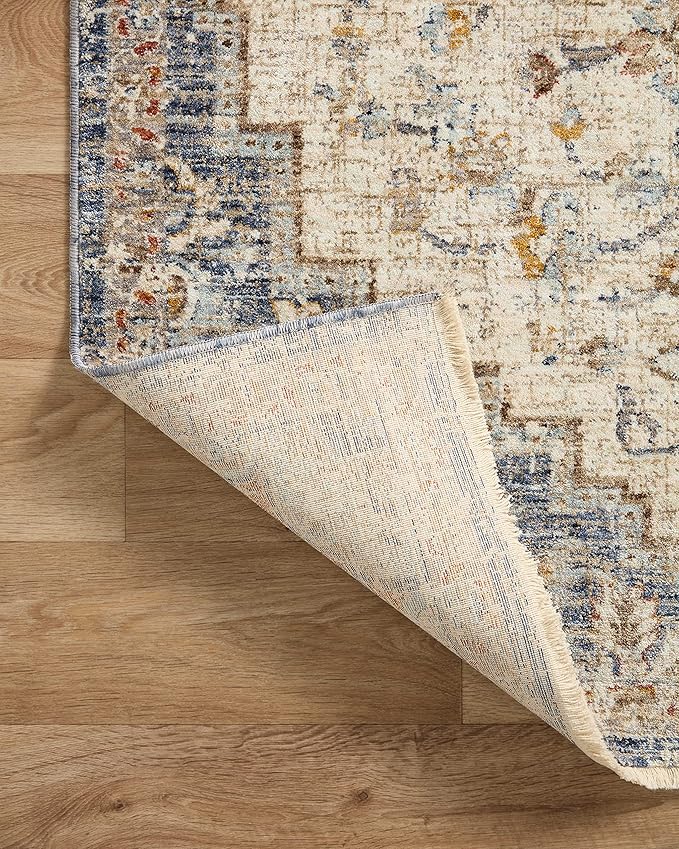 Loloi Sorrento Collection 3'-11" x 3'-11" Round Accent Rug in Ivory/Fiesta - Vintage Inspired Patterned Area Rug, Unique Area Rug for Living Room, Bedroom, Dining Area