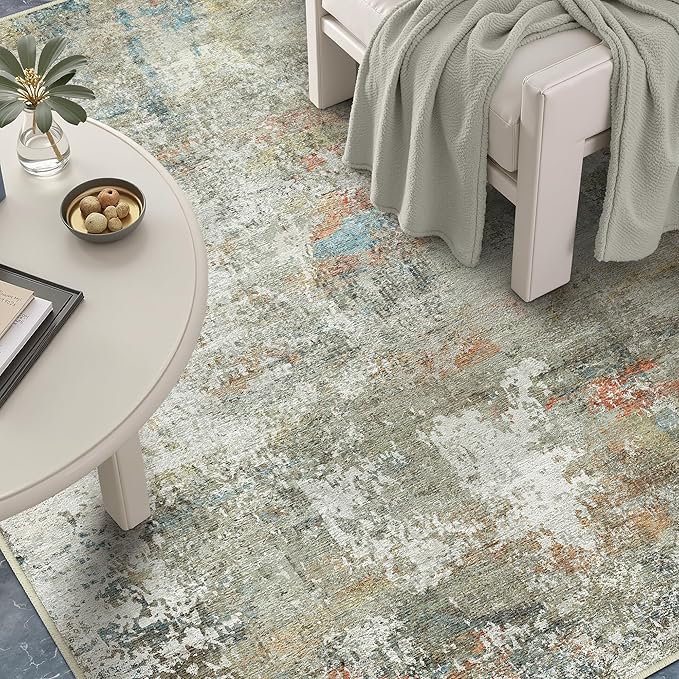 4x6 Area Rugs for Living Room Orange Grey Non Slip Washable Neutral Modern Abstract Indoor Rug Thin Soft Throw Low Pile Kitchen Carpet for Bedroom Dining Room Farmhouse Home Office Decor