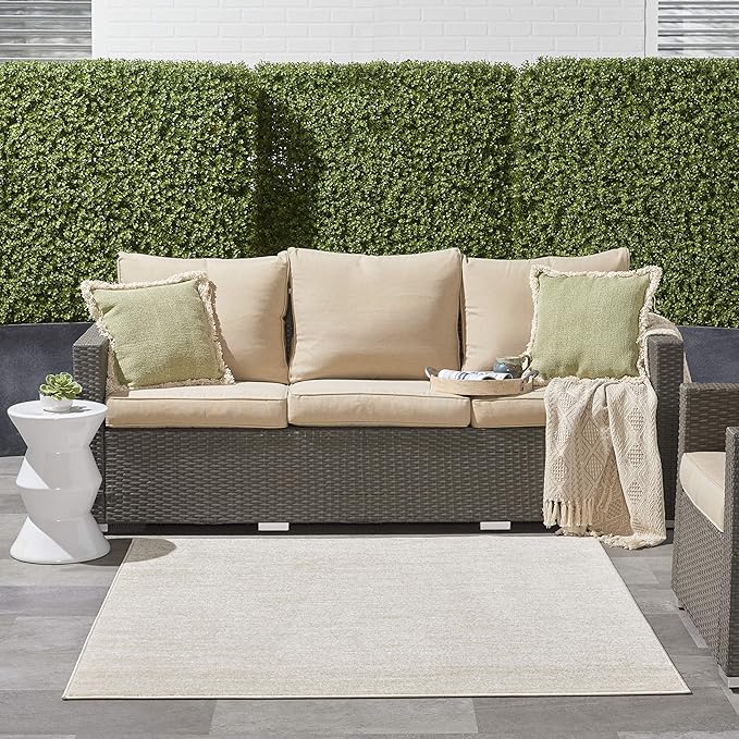 Nourison Essentials Indoor/Outdoor Ivory Beige 5' x Square Area Rug, Easy Cleaning, Non Shedding, Bed Room, Living Room, Dining Room, Backyard, Deck, Patio (5 Square)