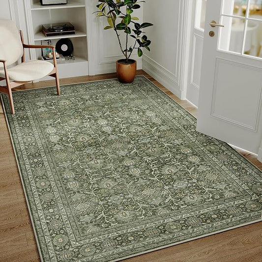 Vintage Area Rug 4x6 Green Entryway Office Washable Carpet Non Slip Bedroom Indoor Living Room Door Mat Low Pile Traditional Distressed Retro Accent Rug for Dining Room Bathroom Kitchen