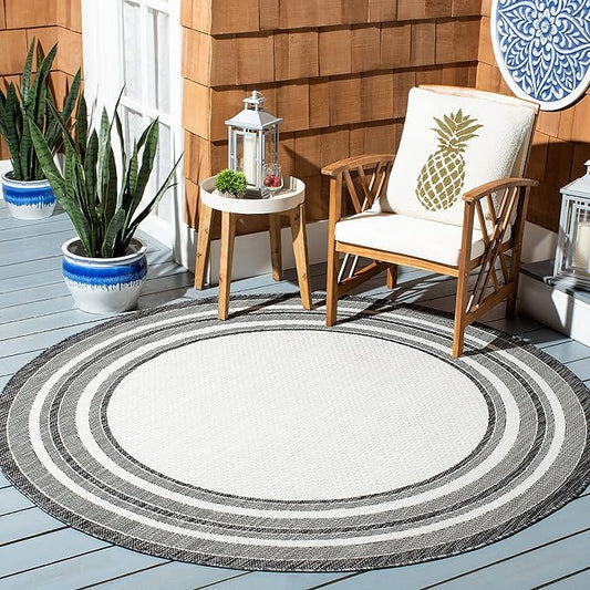 SAFAVIEH Courtyard Collection Area Rug - 5'3" Round, Ivory & Black, Non-Shedding & Easy Care, Indoor/Outdoor & Washable-Ideal for Patio, Backyard, Mudroom (CY8475-53712)