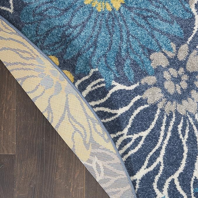 Nourison Passion Blue 5'3" x Round Area Rug, Floral, Farmhouse, Easy Cleaning, Non Shedding, Bed Room, Living Room, Dining Room, Kitchen, (5' Round)