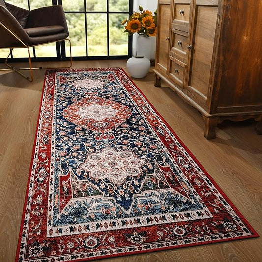 YJ.GWL Area Rug 2.6x8, Machine Washable Hallway Runner Rug, Boho Floral Vintage Distress Print Pattern Carpet, Low Pile Lightweight Thin Rugs for Entryway, Kitchen and Corridor, Red
