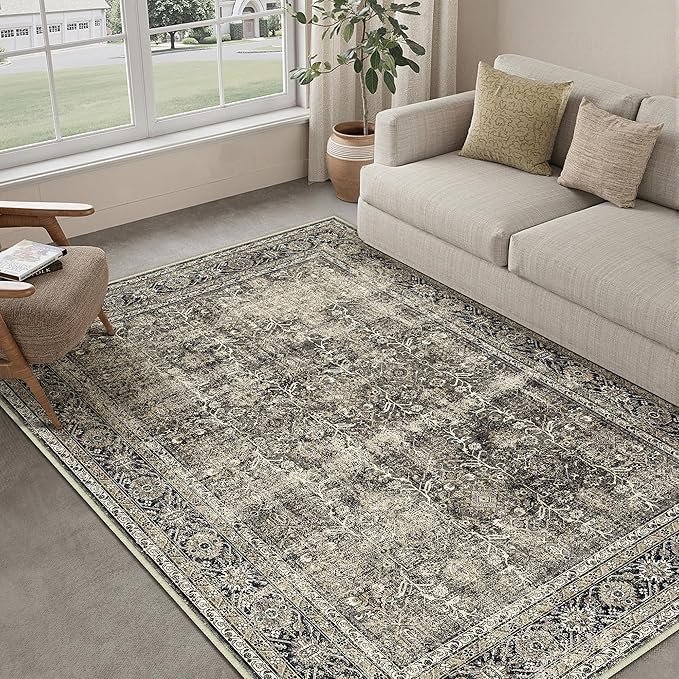 Vintage Area Rug 5x7 Brown Washable Living Room Large Carpet Non Slip Bedroom Indoor Office Low Pile Traditional Distressed Retro Accent Rug for Dining Room Bathroom Kitchen