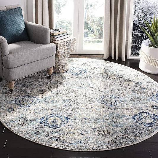 SAFAVIEH Madison Collection 9' Round Ivory / Aqua MAD611A Boho Chic Floral Medallion Trellis Distressed Non-Shedding Dining Room Entryway Foyer Living Room Bedroom Area Rug