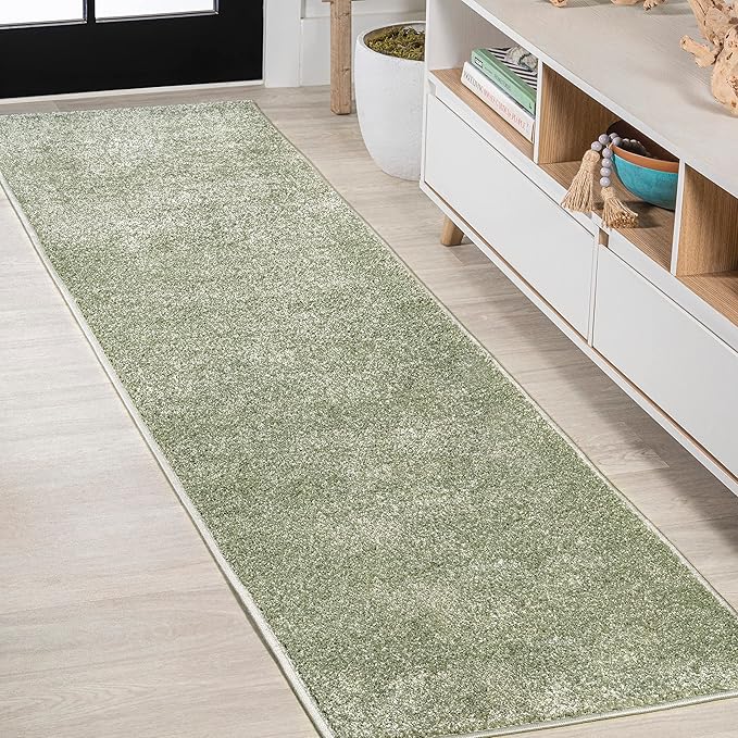 JONATHAN Y SEU100O-28 Haze Solid Low-Pile Indoor Runner-Rug, Coastal, Bohemian, Minimalist Easy-Washing,Bedroom,Kitchen,Living Room,Non Shedding, Green, 2 X 8