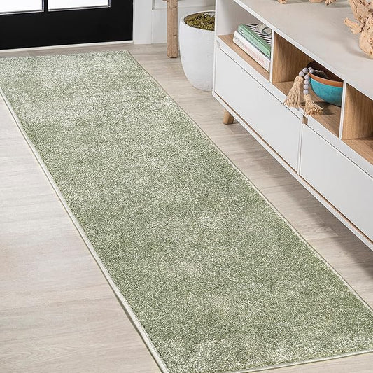 JONATHAN Y SEU100O-28 Haze Solid Low-Pile Indoor Runner-Rug, Coastal, Bohemian, Minimalist Easy-Washing,Bedroom,Kitchen,Living Room,Non Shedding, Green, 2 X 8