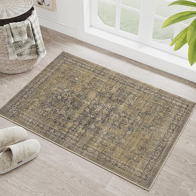2x3 Brown Black Area Rug Washable Vintage Distressed Carpet Low Pile Entryway Door Mat Non Slip Indoor Soft Small Retro Entrance Throw Accent Rug Kitchen Bathroom Bedroom Dining Living Room