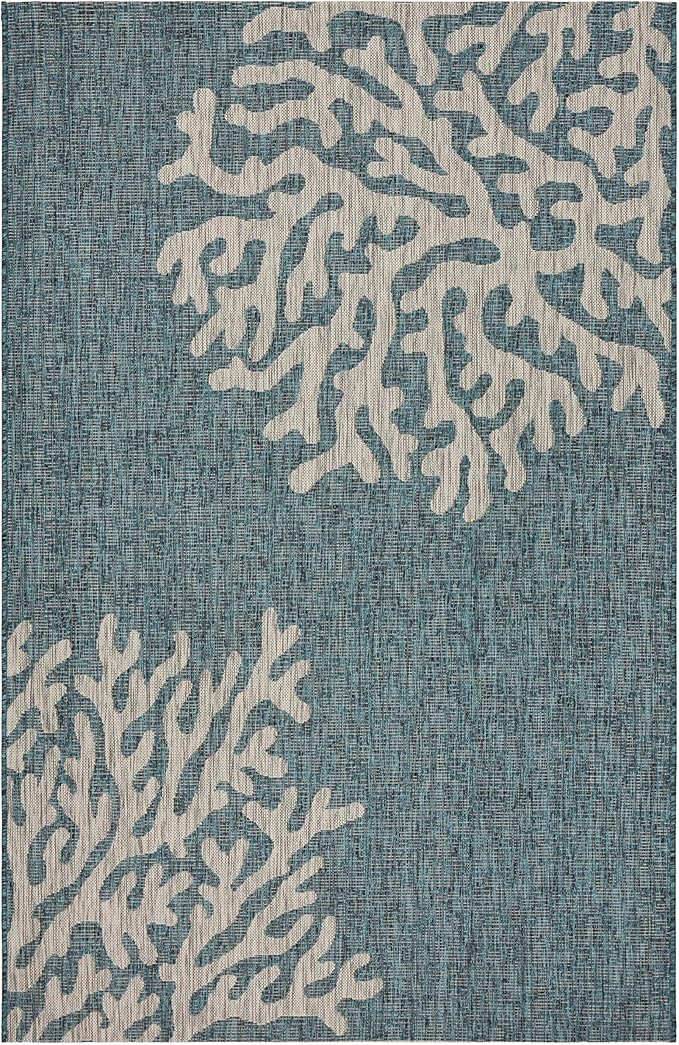 LR Home 5 x 7 Indoor/Outdoor Area Rug for Home Decor | Coastal Reef carpet for living room, bedroom, playroom, patio, garden | Modern farmhouse rug | Blue/Gray