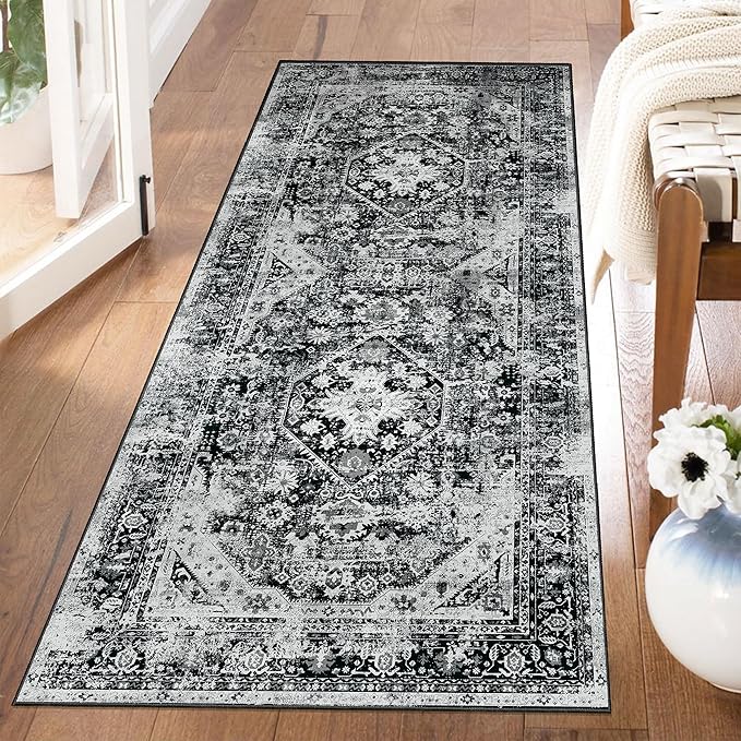 MUJOO Black Rug Washable Runner Rug for Kitchen Bathroom Entryway Non Slip Carpet Throw Rugs for Hallway Bedside Laundry Room Long Boho Area Rug Soft Floral Home Decor 2'x6'