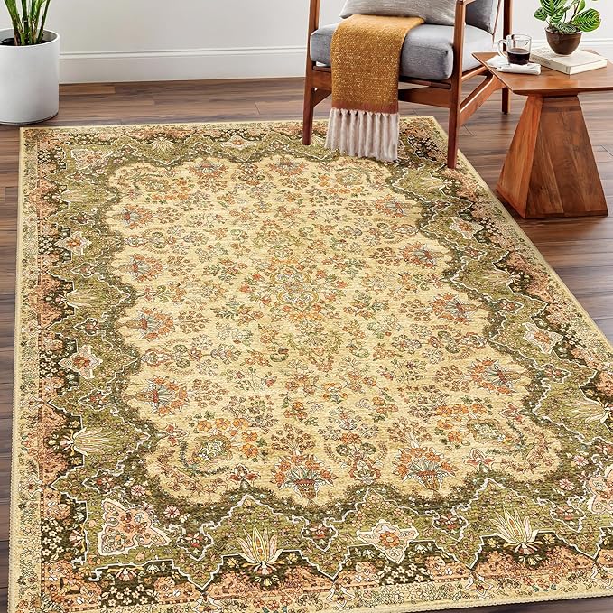 Green Rug 3x5 Area Rugs, Boho Washable Rug for Bedroom Living Room Kitchen Office Laundry Room, Non Slip Vintage Small Soft Rugs Retro Distressed Floor Carpet